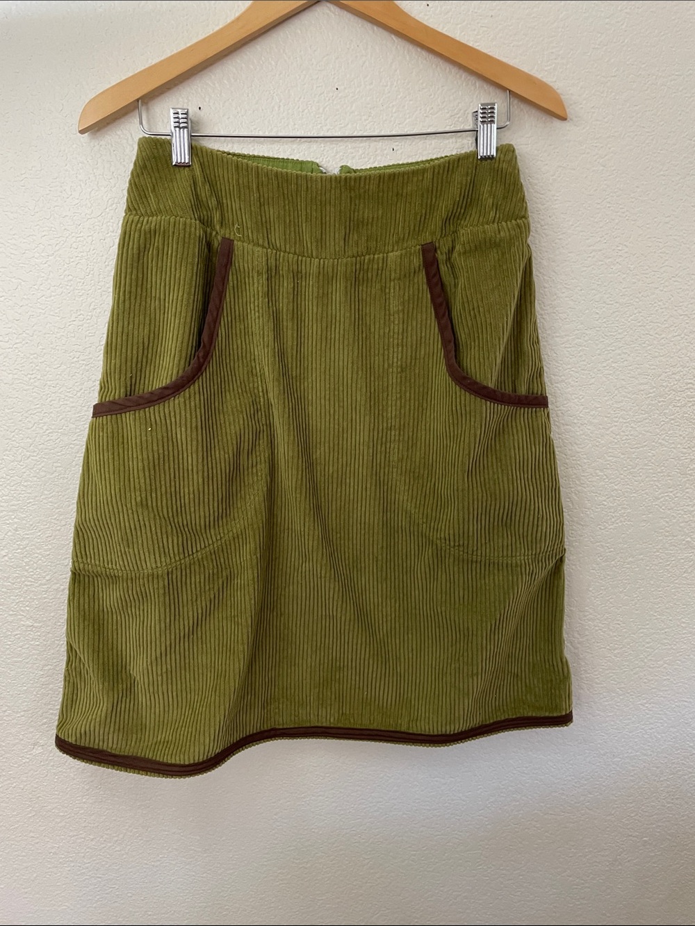 Fresh Baked Goods Vtg Olive Green Corduroy A-Line Skirt with Brown Trim 30x25